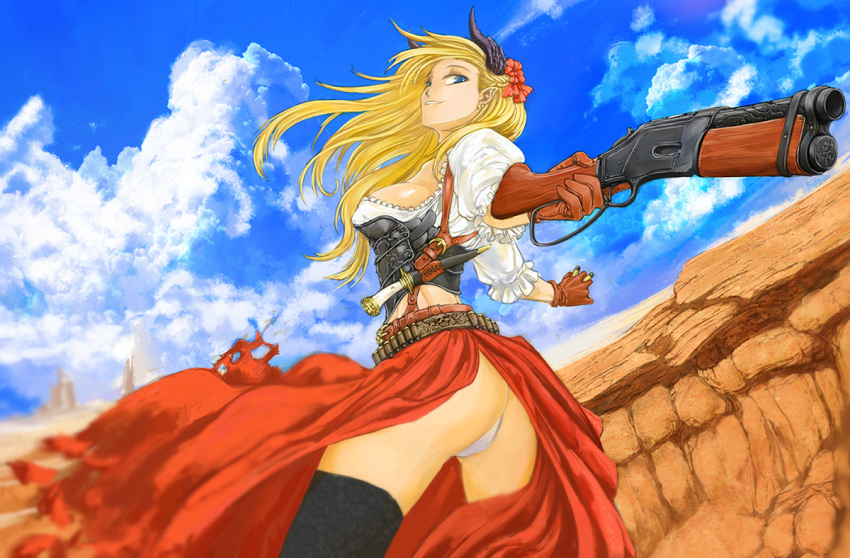 1girl ammunition blonde_hair canyon cervus clouds dagger flower gloves gun hair_flower hair_ornament horns long_hair panties pixiv_fantasia pixiv_fantasia_t pointy_ears skirt sky smile underwear weapon