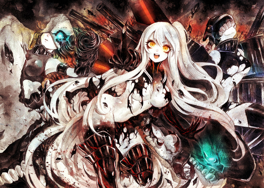 0304yama 3girls :d aircraft_carrier_hime black_hair breasts chi-class_torpedo_cruiser gauntlets greaves i-class_destroyer kantai_collection large_breasts long_hair looking_at_viewer machinery mask multiple_girls one_side_up open_mouth pale_skin pointing pointing_at_viewer shinkaisei-kan short_hair smile torn_clothes traditional_media tsu-class_light_cruiser turret very_long_hair watercolor_(medium) white_hair white_skin yellow_eyes