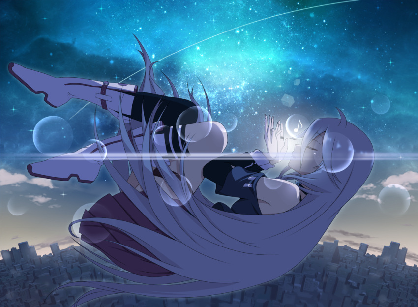 1girl ahoge bare_shoulders black_legwear boots building choker city cityscape closed_eyes clouds falling ia_(vocaloid) long_hair mismatched_legwear moon musical_note night night_sky ohiya outdoors pink_hair scenery single_thighhigh skirt sky solo sparkle star_(sky) starry_sky thigh-highs thigh_strap very_long_hair vocaloid