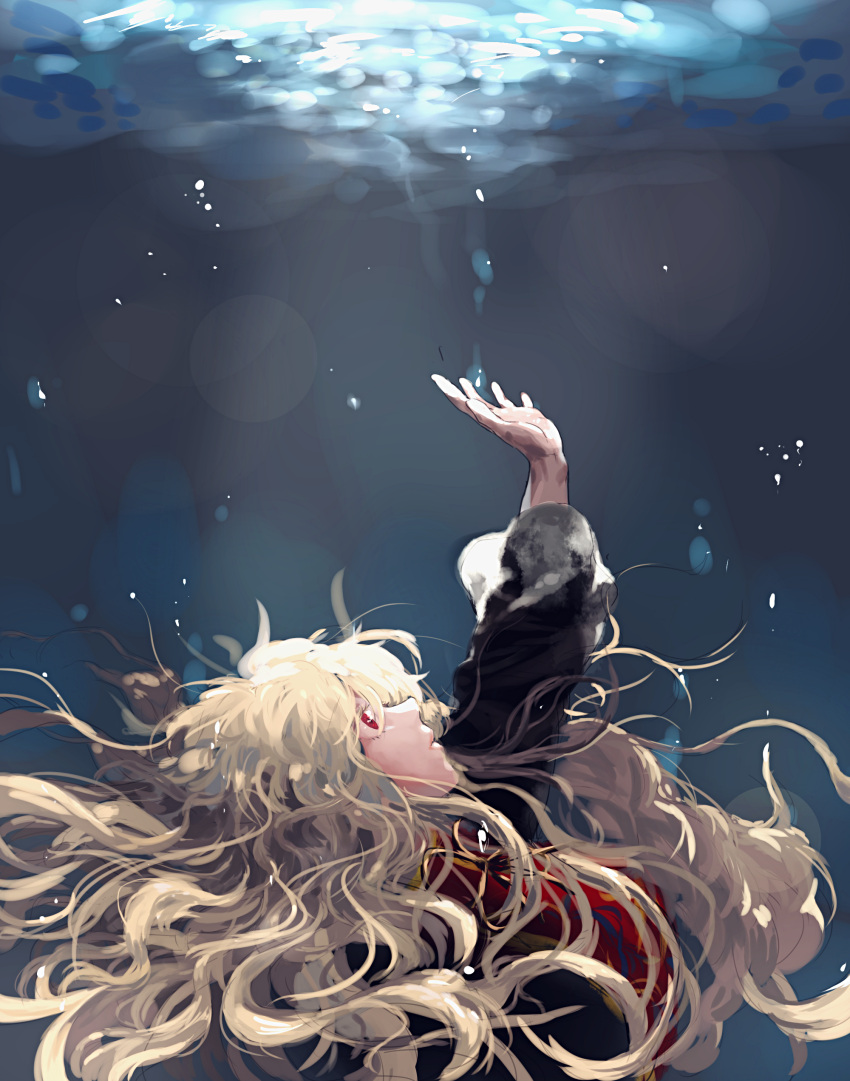 1girl absurdres black_dress blonde_hair breasts bubble chinese_clothes dress highres honi junko_(touhou) light light_reflection_(water) lips long_sleeves no_hat open_hand profile reaching red_eyes solo tabard touhou underwater upper_body