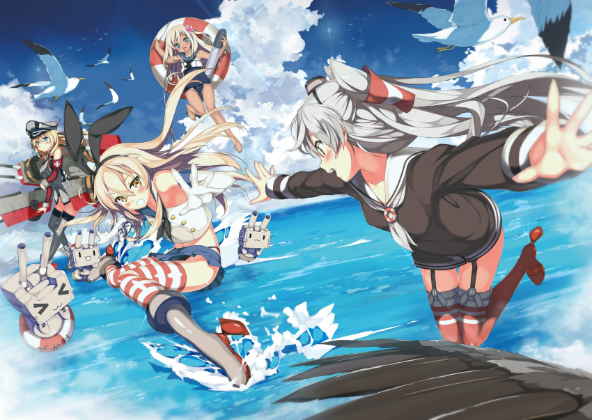 &gt;_&lt; 4girls :3 :d :o absurdres amatsukaze_(kantai_collection) anchor_hair_ornament animal arm_at_side bangs barefoot bird bismarck_(kantai_collection) black_panties blonde_hair blue_eyes blush boots cannon closed_eyes clouds crop_top detached_sleeves dress elbow_gloves fang fingernails floating_hair flower from_side garter_straps gloves grey_legwear grey_shoes hair_between_eyes hair_flower hair_ornament hair_tubes hairband hat highleg highleg_panties highres holding iron_cross kantai_collection kawai_(purplrpouni) lens_flare lifebuoy long_fingernails long_hair looking_at_viewer midriff military military_hat military_uniform miniskirt motion_blur multiple_girls ocean one-piece_tan open_mouth outstretched_arms panties peaked_cap pink_flower pleated_skirt profile reaching red_legwear red_shoes rensouhou-chan ro-500_(kantai_collection) sailor_collar sailor_dress school_swimsuit school_uniform seagull serafuku shimakaze_(kantai_collection) shoes short_dress silver_hair skirt sky sleeveless smile spread_arms spread_fingers striped striped_legwear swimsuit swimsuit_under_clothes tan tanline thigh-highs thigh_gap torpedo turret two_side_up underwear uniform upskirt waves white_gloves windsock yellow_eyes