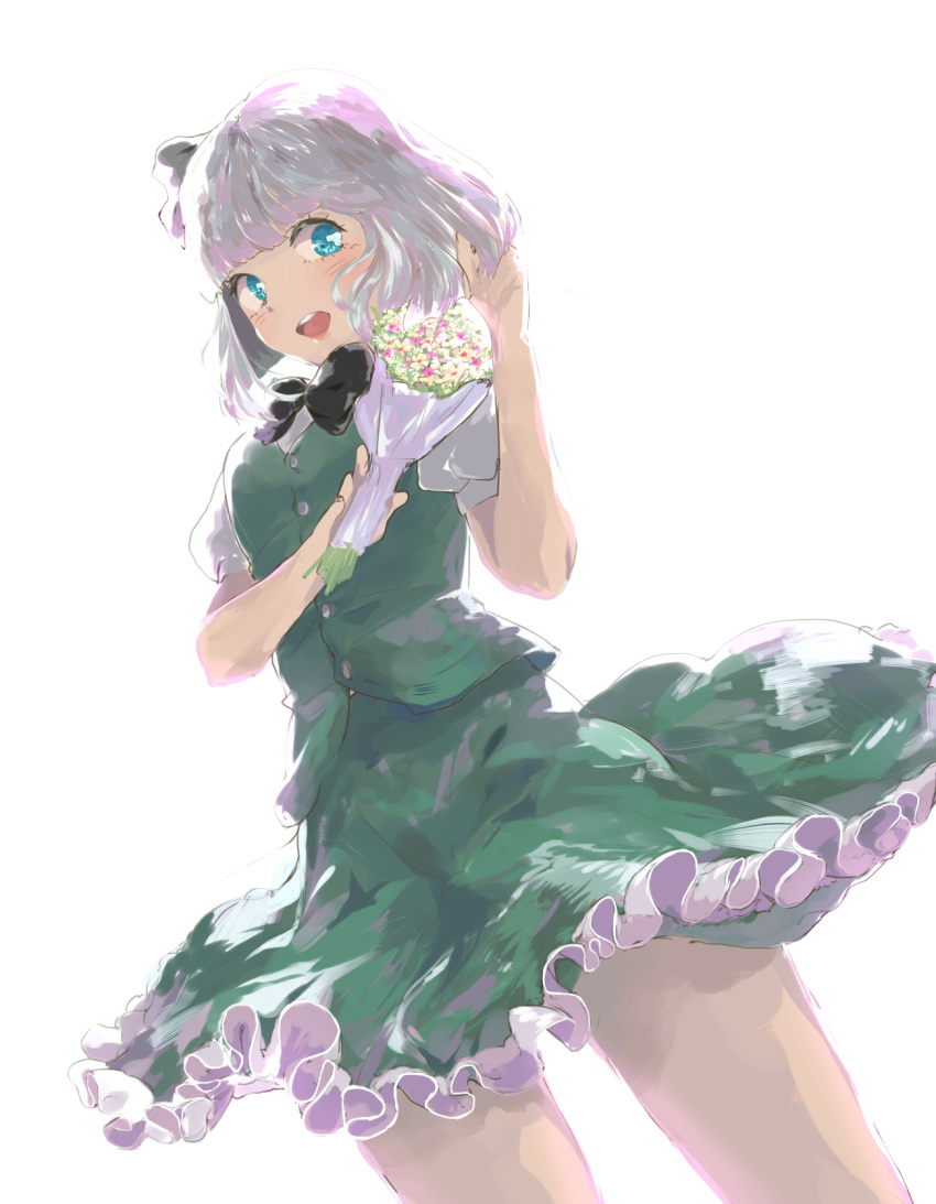 1girl backlighting blue_eyes blush bouquet bow flower frilled_skirt frills green_skirt green_vest hairband hand_in_hair highres honi konpaku_youmu looking_at_viewer open_mouth perspective round_teeth shirt short_hair silver_hair simple_background sketch skirt skirt_set solo teeth thighs tongue touhou upper_body white_background white_shirt