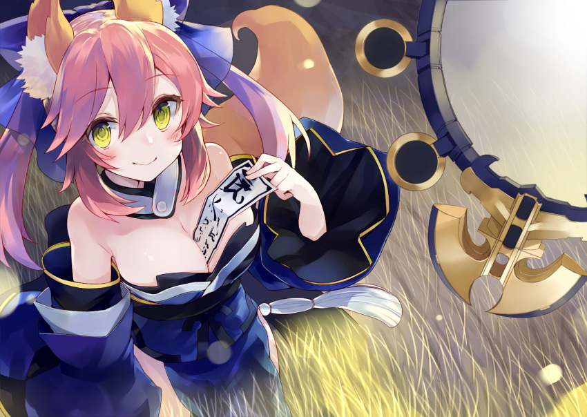 1girl animal_ears bare_shoulders blush bow breasts caster_(fate/extra) cleavage detached_sleeves fate/extra fate_(series) fox_ears fox_tail hair_bow hair_ribbon japanese_clothes kou_mashiro large_breasts looking_at_viewer looking_up mirror pink_hair ribbon solo suiten_nikkou_amaterasu_yanoshisu_ishi tail twintails yellow_eyes