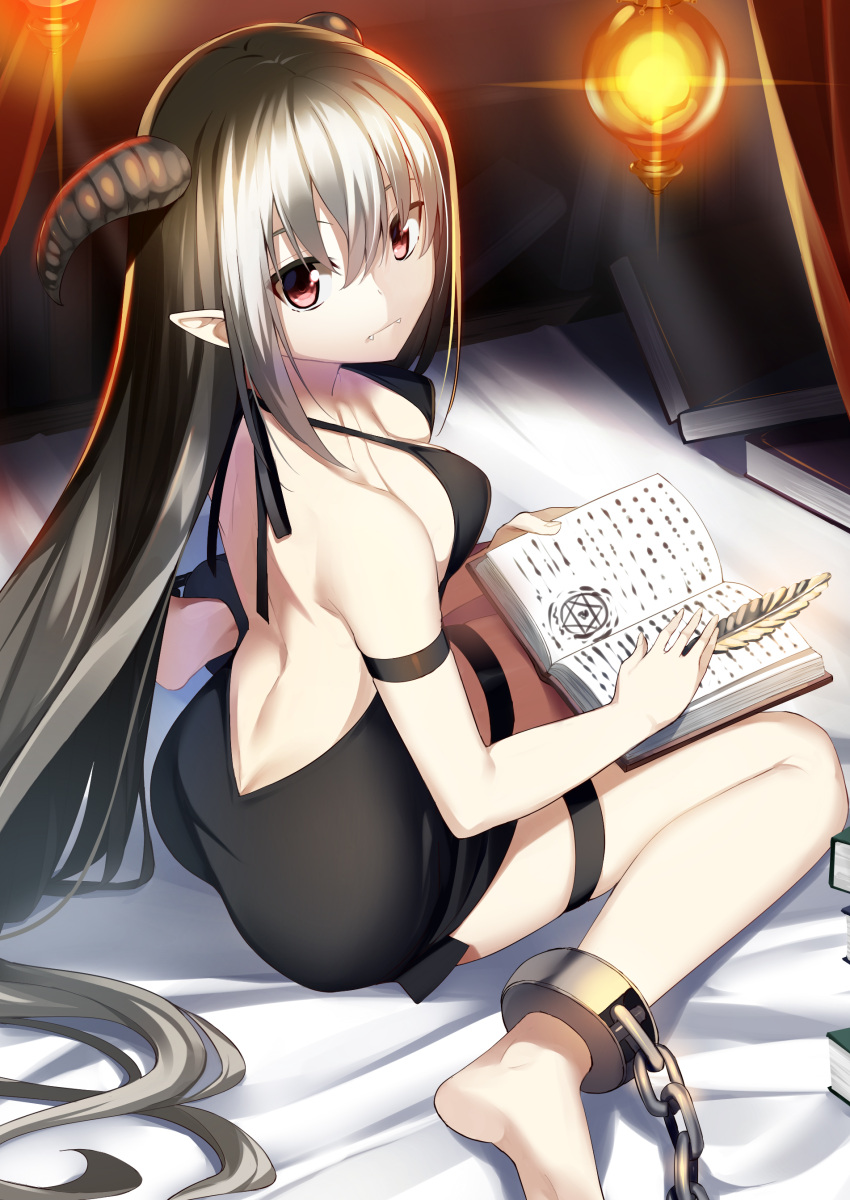 1girl absurdres ashizuki black_dress black_hair book breasts brown_eyes chain dress fang highres holding holding_book horns indoors long_hair looking_at_viewer original pointy_ears sideboob solo