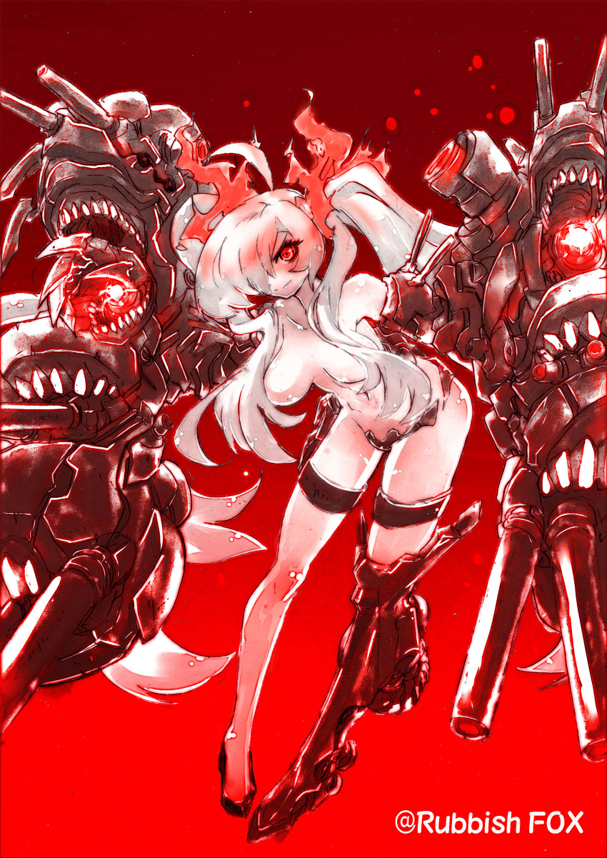 1girl absurdres breasts cleavage hair_over_breasts hair_over_one_eye highres hikomaro610 kantai_collection long_hair looking_at_viewer nude open_mouth red_background red_eyes shinkaisei-kan simple_background smile solo southern_ocean_war_hime teeth turret twintails very_long_hair white_hair white_skin