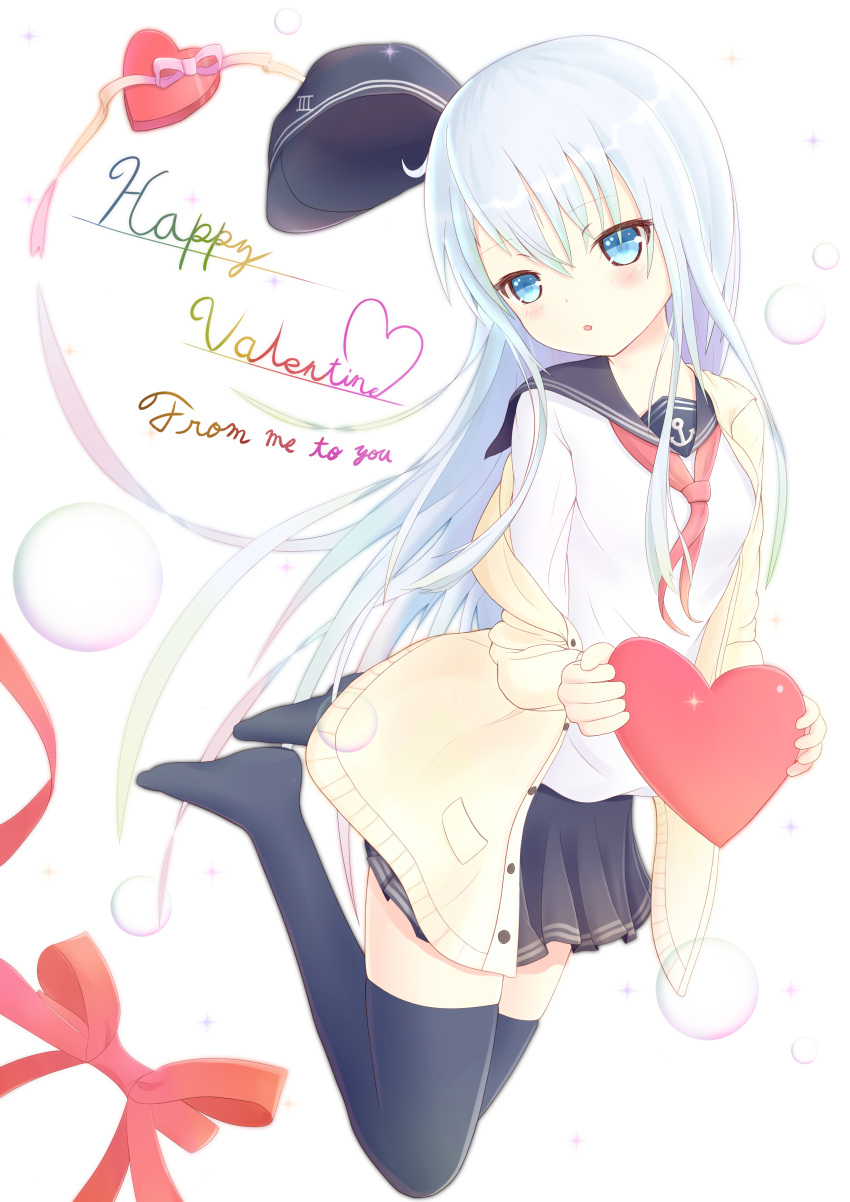 1girl :o absurdres anchor_symbol bangs blue_eyes blue_hair blue_legwear blush bow box bubble cardigan english flat_cap full_body gian gift gift_box happy_valentine hat hat_removed headwear_removed heart-shaped_box hibiki_(kantai_collection) highres holding kantai_collection long_hair long_sleeves miniskirt no_shoes off_shoulder open_cardigan open_clothes pleated_skirt red_bow red_ribbon ribbon roman_numerals school_uniform serafuku shirt skirt solo sparkle thigh-highs valentine white_background white_shirt