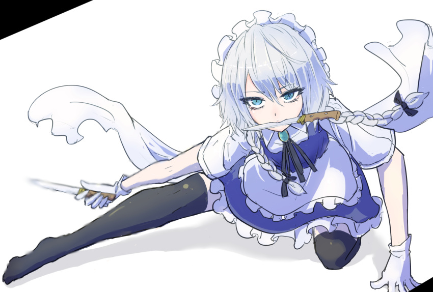 1girl blue_eyes fighting_stance gloves hakuro109 holding_knife izayoi_sakuya knife looking_at_viewer motion_blur mouth_hold solo symbol_in_eye time touhou white_gloves