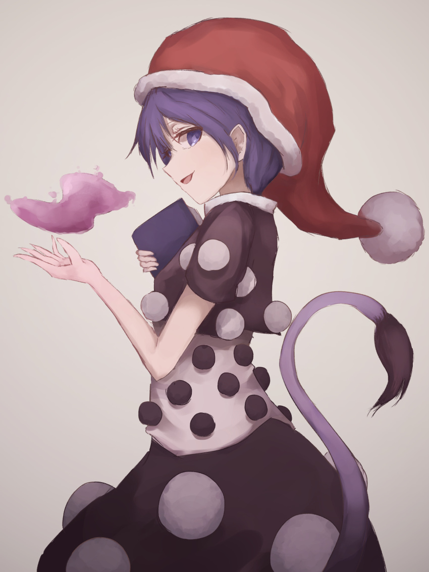 1girl absurdres blob blue_eyes blue_hair book cowboy_shot doremy_sweet dress grey_background hat highres holding holding_book looking_at_viewer looking_to_the_side nightcap open_mouth pom_pom_(clothes) profile short_hair short_sleeves simple_background smile solo tail tapir_tail thkani touhou