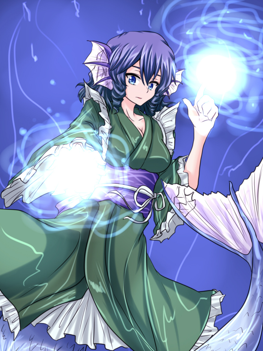 1girl benizuwai blue_eyes blue_hair breasts cleavage collarbone drill_hair energy_ball fish_tail head_fins highres japanese_clothes kimono large_breasts long_sleeves looking_at_viewer mermaid monster_girl obi sash short_hair solo touhou underwater wakasagihime wide_sleeves