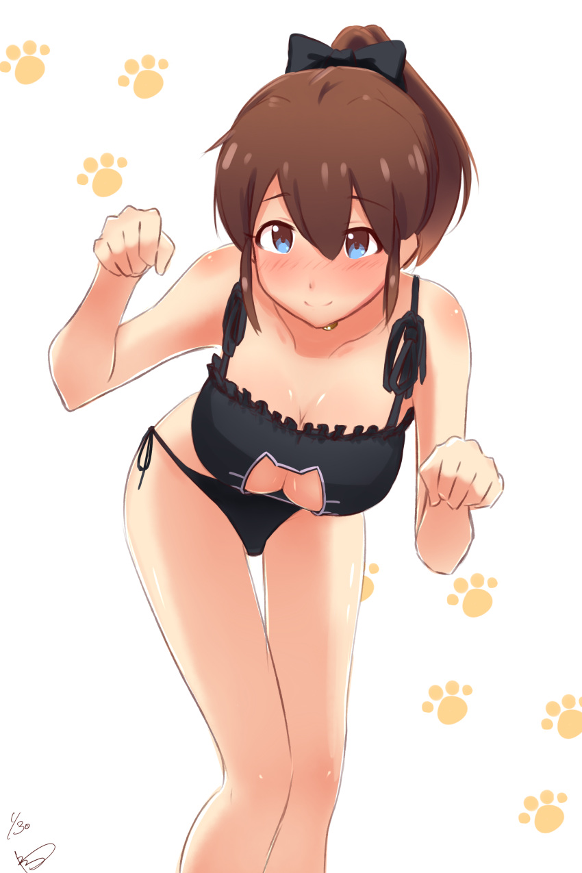 1girl absurdres blue_eyes blush breasts brown_hair cat_cutout cat_lingerie cleavage highres idolmaster idolmaster_million_live! leaning_forward looking_at_viewer panties paw_pose ponytail satake_minako side-tie_panties solo underwear underwear_only wattsu