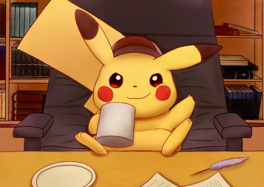 chair coffee_mug detective_pikachu great_detective_pikachu:_the_birth_of_a_new_duo hat no_humans pikachu plate pokemon pokemon_(creature) quill sitting smirk solo