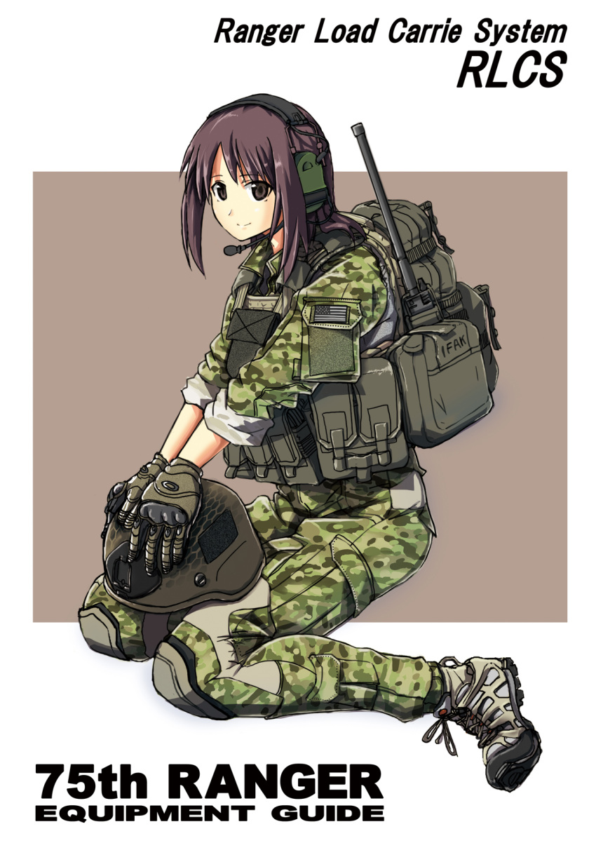 1girl backpack bag brown_hair gloves green_eyes headphones helmet highres kneeling long_hair simple_background smile solo tom_keith uniform us_army