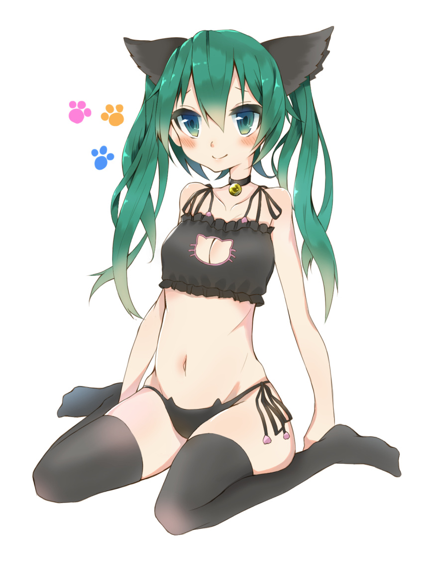 1girl animal_ears bell bell_collar blush cat_ears cat_lingerie collar full_body green_eyes green_hair hatsune_miku highres jingle_bell long_hair navel panties side-tie_panties simple_background sitting smile solo thigh-highs twintails underwear vocaloid wariza white_background