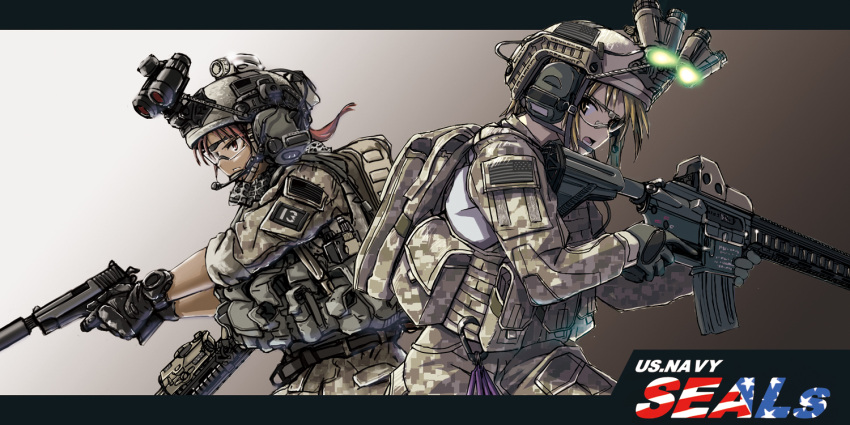 2girls backpack bag blonde_hair brown_hair gloves gun handgun helmet long_hair looking_to_the_side military multiple_girls night_vision_device open_mouth pistol rifle safety_glasses scope suppressor teeth tom_keith trigger_discipline uniform us_army watch weapon yellow_eyes
