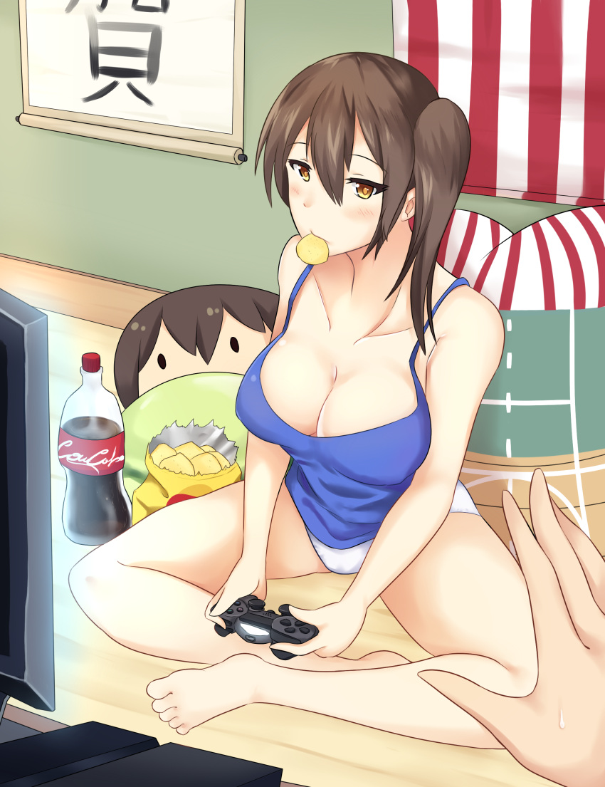 1girl absurdres breasts brown_eyes brown_hair cleavage coca-cola controller food_in_mouth game_console game_controller highres kaga_(kantai_collection) kantai_collection large_breasts playstation_4 potato_chips side_ponytail television wangphing