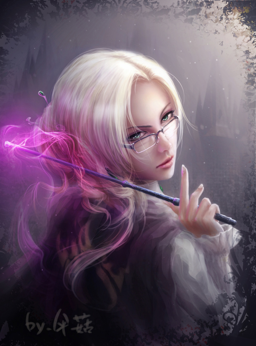 1girl artist_name blonde_hair blouse cape earrings energy eyeshadow fingernails from_behind glasses glynda_goodwitch green_eyes hair_bun hair_ornament highres holding_wand jewelry kusi_de_san_gu lipgloss lips long_fingernails long_hair long_sleeves looking_back magic makeup mascara over-rim_glasses over_shoulder riding_crop rwby semi-rimless_glasses signature smoke solo upper_body wand white_blouse