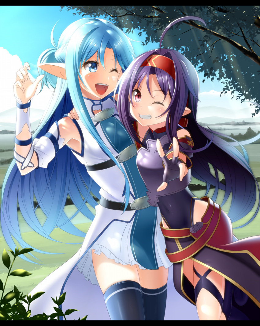 2girls asuna_(sao) asuna_(sao-alo) blue_eyes blue_hair breastplate detached_sleeves female fingerless_gloves gloves highres leotard long_hair multiple_girls nyanmaru one_eye_closed pointy_ears purple_hair red_eyes skirt sword_art_online thigh-highs yuuki_(sao)