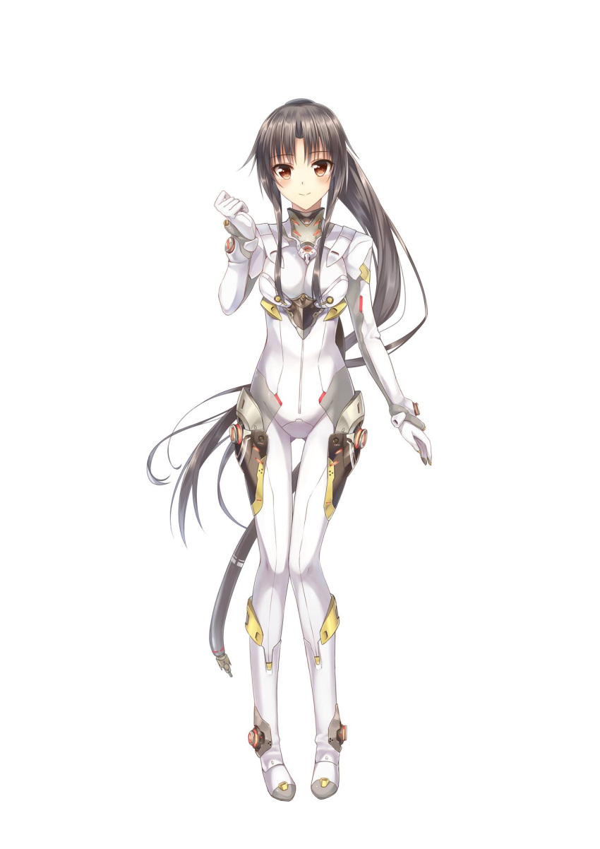 1girl :&gt; ass_visible_through_thighs black_hair blush bodysuit boots brown_eyes cable clenched_hand closed_mouth eyebrows eyebrows_visible_through_hair full_body gloves hand_up high_ponytail highres long_hair looking_at_viewer luzi mirai_(project_nimbus) official_art pigeon-toed pilot_suit project_nimbus sidelocks simple_background skin_tight smile solo standing thigh_gap tsurime turtleneck very_long_hair white_background white_clothes