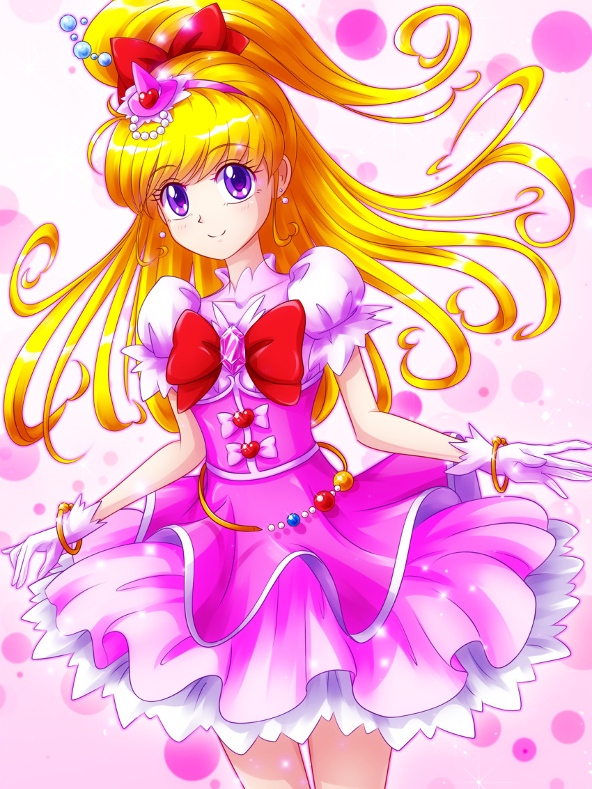 1girl asahina_mirai blonde_hair bow bracelet cowboy_shot cure_miracle earrings gem gloves hair_bow hairband half_updo hat highres jewelry long_hair looking_at_viewer magical_girl mahou_girls_precure! mimimix mini_hat mini_witch_hat pink_bow pink_hat pink_skirt ponytail precure puffy_sleeves red_bow skirt smile solo violet_eyes white_gloves witch_hat
