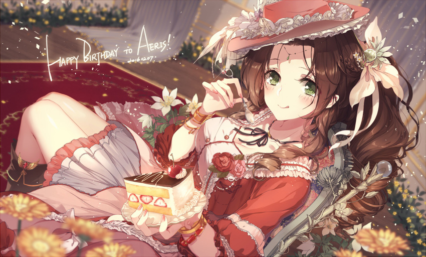 1girl :q aerith_gainsborough blush boots breasts brown_hair cake cherry cleavage drill_hair final_fantasy final_fantasy_vii flower food fruit green_eyes hat highres jewelry kieta long_hair looking_at_viewer sitting smile solo strawberry tongue tongue_out