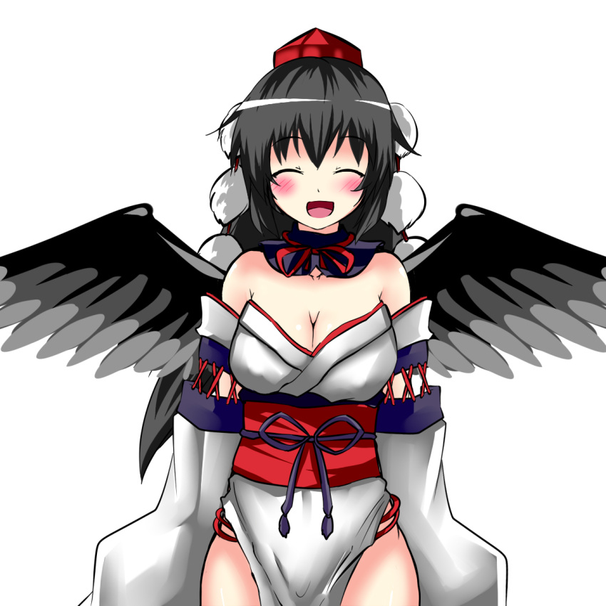 1girl :d alternate_costume bare_shoulders black_hair black_wings blush breasts cleavage closed_eyes detached_sleeves hat highres hitotsuki_nebura japanese_clothes kourindou_tengu_costume large_breasts long_hair long_sleeves looking_at_viewer obi open_mouth pom_pom_(clothes) sash shameimaru_aya smile solo tokin_hat touhou white_background wings