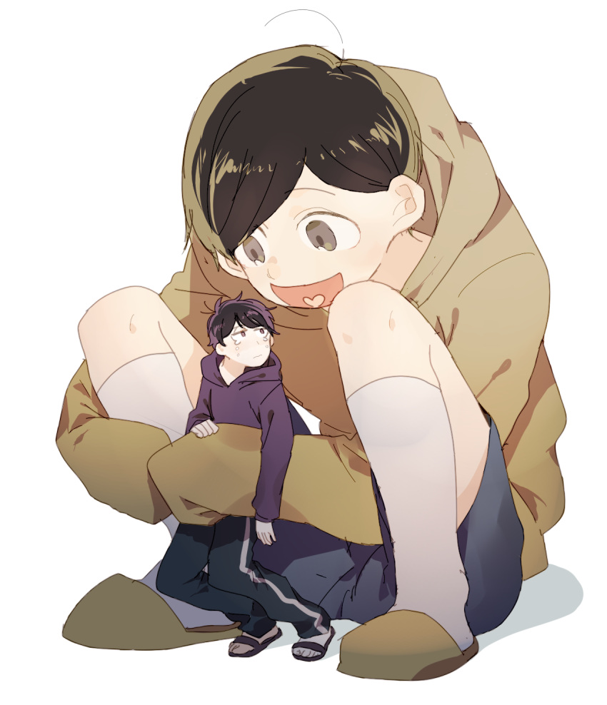 2boys :d ahoge bangs blue_shorts brothers crying full_body giant grey_eyes heart heart_in_mouth highres hood hood_down hoodie kneehighs long_sleeves looking_at_another looking_back looking_down looking_up male_focus matsuno_ichimatsu matsuno_juushimatsu messy_hair miniboy multiple_boys open_mouth osomatsu-kun osomatsu-san pale_skin pants popokuri siblings simple_background size_difference sketch sleeves_past_wrists slippers smile squatting swept_bangs tears track_pants white_background white_legwear