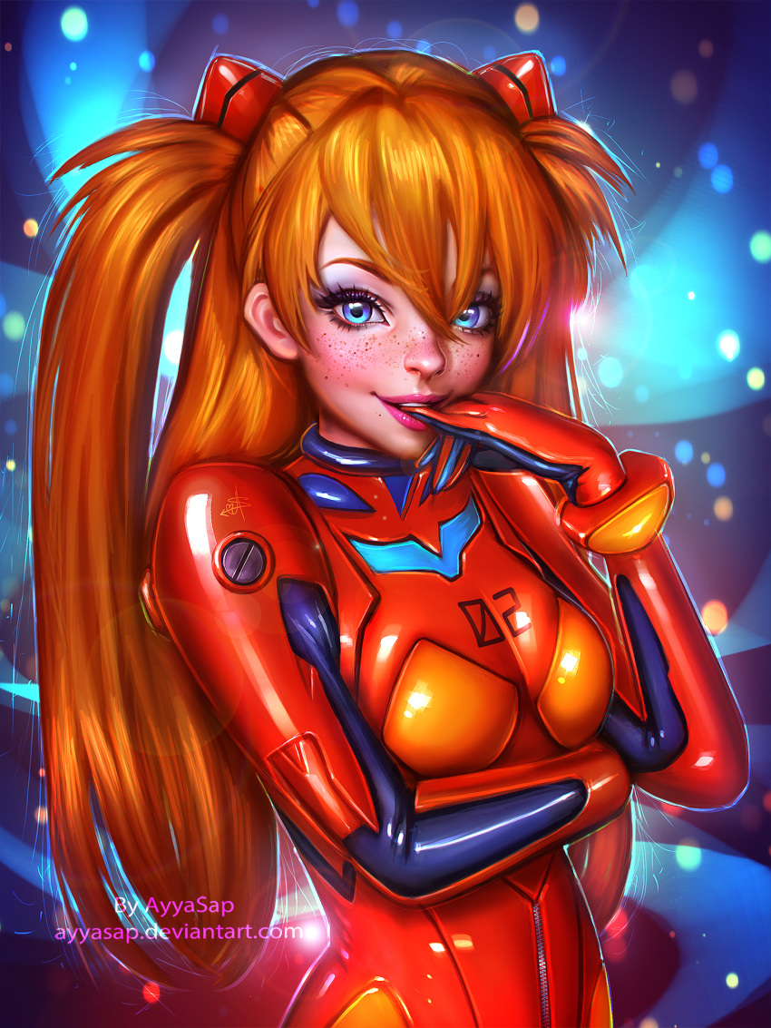 1girl artist_name ayyasap blue_background blue_eyes blurry_background cowboy_shot eyelashes finger_in_mouth freckles hair_between_eyes headgear highres lens_flare light lips long_hair looking_at_viewer neon_genesis_evangelion number orange_hair parted_lips pink_legwear plugsuit shiny shiny_clothes signature simple_background skin_tight small_breasts smile solo souryuu_asuka_langley teeth twintails very_long_hair watermark web_address zipper