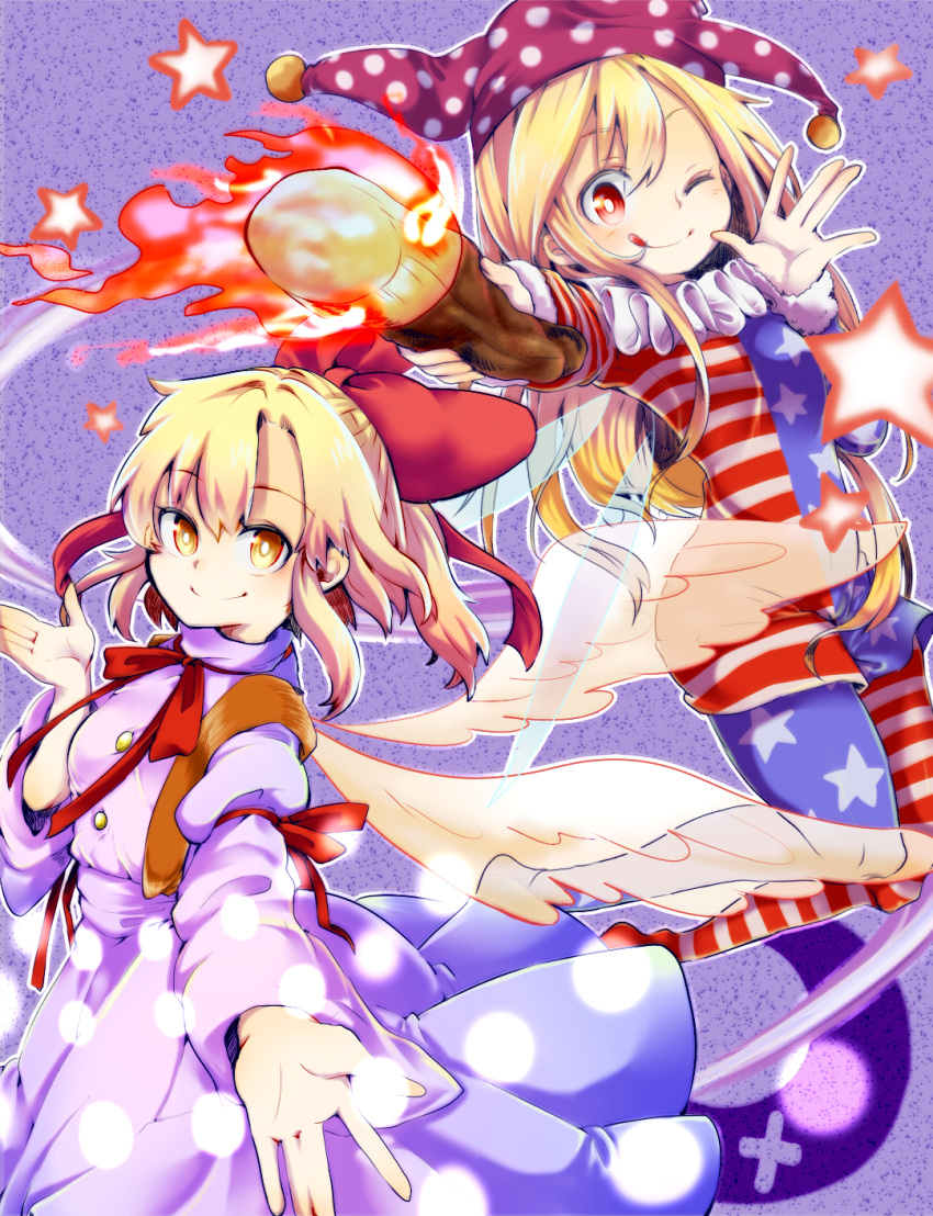 2girls american_flag_legwear american_flag_shirt bangs blonde_hair bow clownpiece collar dress fire frilled_collar frills gengetsu hair_bow hat highres jester_cap long_hair long_sleeves looking_at_viewer multiple_girls one_eye_closed outstretched_arm pantyhose polka_dot red_bow red_eyes red_ribbon ribbon tongue tongue_out torch touhou touhou_(pc-98) wadante white_dress white_wings wings