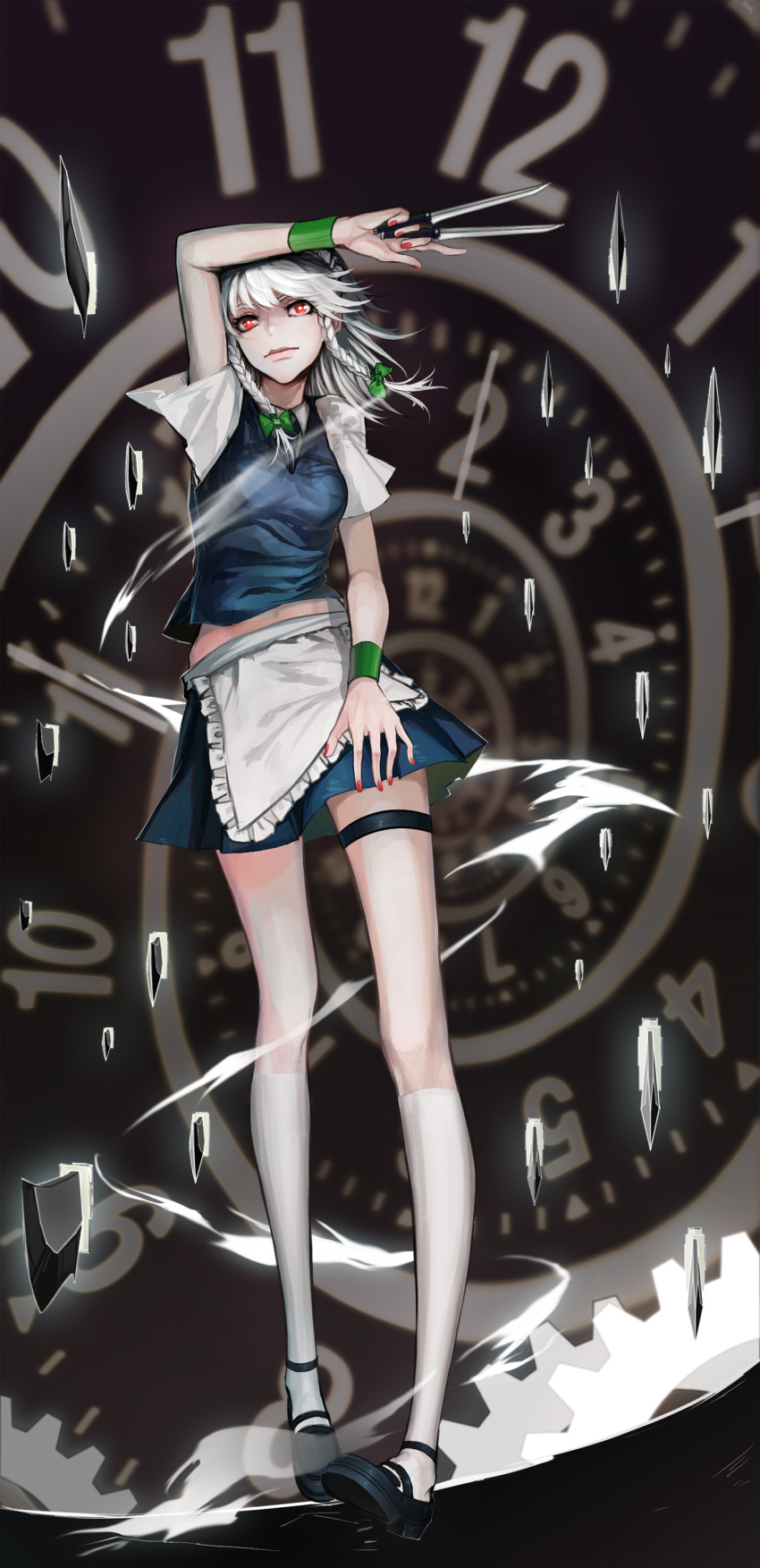 1girl absurdres adapted_costume aiming_at_viewer apron arm_over_head black_necktie black_shoes blue_skirt blue_vest braid breasts clock collared_shirt energy foreshortening gears highres hips izayoi_sakuya kneehighs knife knives_between_fingers lips long_legs looking_at_viewer maid maid_apron maid_headdress mary_janes mek midriff nail_polish red_eyes red_nails shirt shoes short_sleeves silver_hair skirt solo thigh_strap touhou twin_braids white_legwear white_shirt wristband