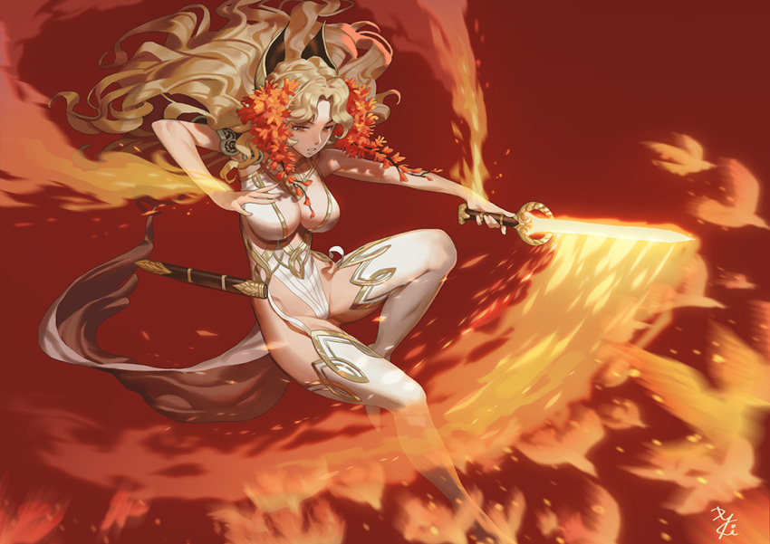 1girl bangs bird blonde_hair boots breasts cape center_opening cleavage embers fantasy fire flaming_sword floating_hair flower garter_straps hair_flower hair_ornament holding_sword holding_weapon kakiman knee_up large_breasts leotard long_hair looking_away original parted_lips red_background red_eyes scabbard sheath short_sword signature simple_background solo sword thigh-highs thigh_boots unsheathed weapon