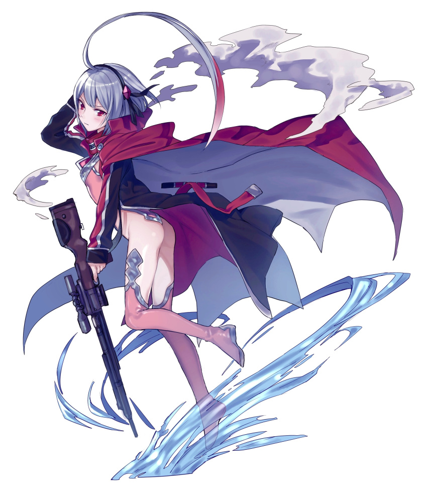 1girl absurdres ahoge alice_order arm_up ass blush boots cape coat dutch_angle from_side full_body gun hair_ribbon highres huge_ahoge leotard maruchi pink_legwear red_eyes ribbon rifle short_hair silver_hair sleeves_past_wrists sniper_rifle solo thigh-highs thigh_boots trigger_discipline weapon