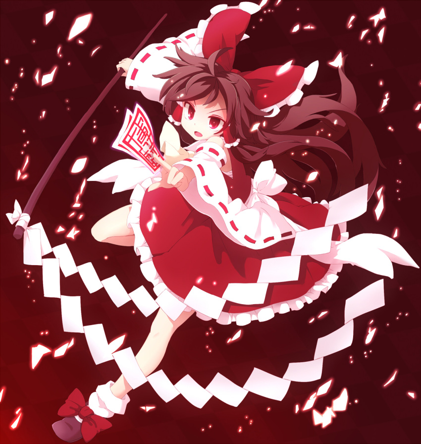 1girl bow brown_hair detached_sleeves full_body gohei gradient gradient_background hair_ornament hair_ribbon hair_tubes hakurei_reimu highres long_hair long_sleeves narira ofuda open_mouth outstretched_arms red_background red_eyes ribbon sash shirt shoes skirt skirt_set socks solo touhou white_legwear wide_sleeves