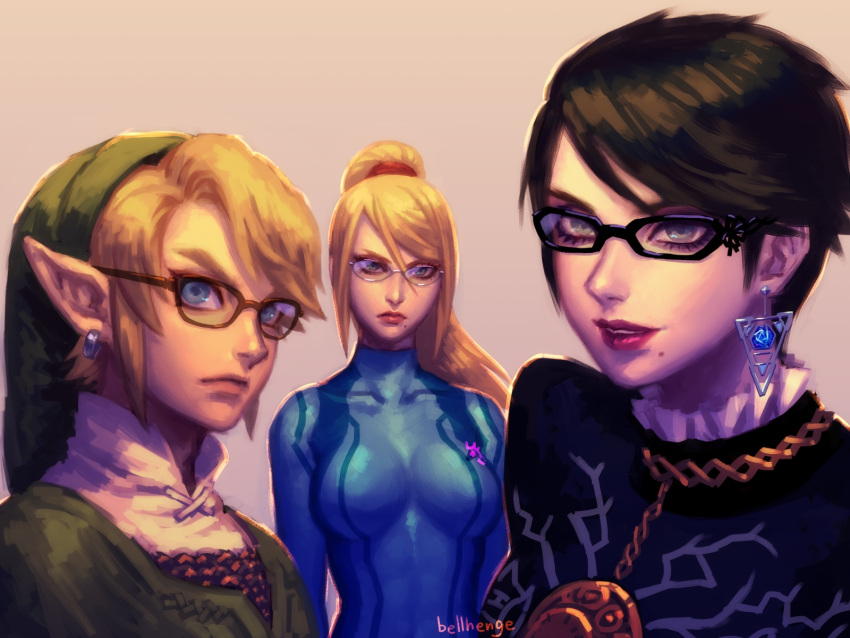 1boy 2girls artist_name bayonetta_(character) bayonetta_2 beige_background bellhenge bespectacled black-framed_glasses black_dress black_hair blonde_hair blue_eyes bodysuit brown-framed_glasses collarbone dress earrings expressionless glasses glowing green_hat grey_eyes hair_between_eyes hat highres jewelry light_smile link lipstick long_hair looking_at_viewer makeup metroid mole multiple_girls necklace parted_lips pendant pointy_ears ponytail round_glasses samus_aran scrunchie short_hair simple_background skin_tight teeth the_legend_of_zelda tunic upper_body zero_suit
