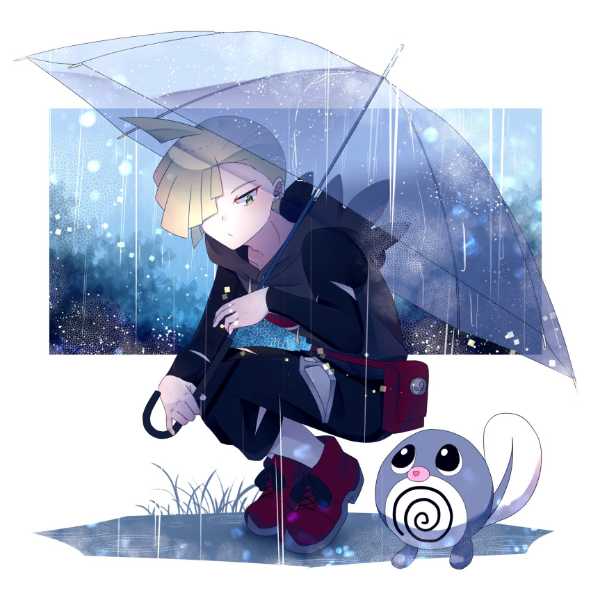 1boy ahoge black_pants black_shirt blonde_hair closed_mouth commentary_request ear_piercing fanny_pack gladion_(pokemon) green_eyes grey_vest hair_over_one_eye highres holding holding_umbrella hood hooded_vest hoodie looking_down male_focus mocacoffee_1001 pants piercing pokemon pokemon_(creature) pokemon_(game) pokemon_sm poliwag rain red_bag red_footwear shirt shoes short_hair squatting tassel torn_clothes torn_pants torn_shirt transparent transparent_umbrella umbrella vest