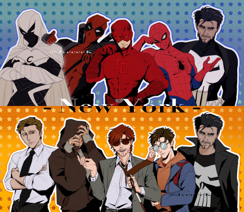 beard bodysuit cape crescent_ornament daredevil deadpool deadpool_(series) facial_hair glasses highres hood jveeeek looking_at_viewer marc_spector marvel mask moon_knight multicolored_armor multicolored_bodysuit muscular muscular_male peter_parker red_bodysuit red_mask scar scars_all_over simple_background spider-man spider-man_(series) superhero_costume the_punisher_(character) the_punisher_(series) two-tone_bodysuit white_cape white_hood x-men