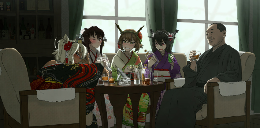 1boy 4girls alcohol arm_support bare_shoulders black_hair blonde_hair blush bottle brown_hair chair curtains dark_skin drunk flower glass glasses hair_flower hair_ornament highres ice ice_cube indoors japanese_clothes kantai_collection kimono long_hair multiple_girls musashi_(kantai_collection) mutsu_(kantai_collection) nagato_(kantai_collection) ooku pale_skin profile real_life red_eyes semi-rimless_glasses sitting smile table traditional_clothes tree white_hair window winter yamato_(kantai_collection) yonai_mitsumasa