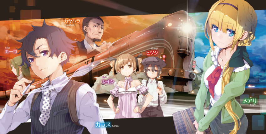 black_hair blonde_hair braiding_hair brown_hair cardigan cigarette dress formal green_hair hair_ribbon hairdressing hat long_hair necktie orange_hair ribbon short_hair suit suitcase train twintails yuugen