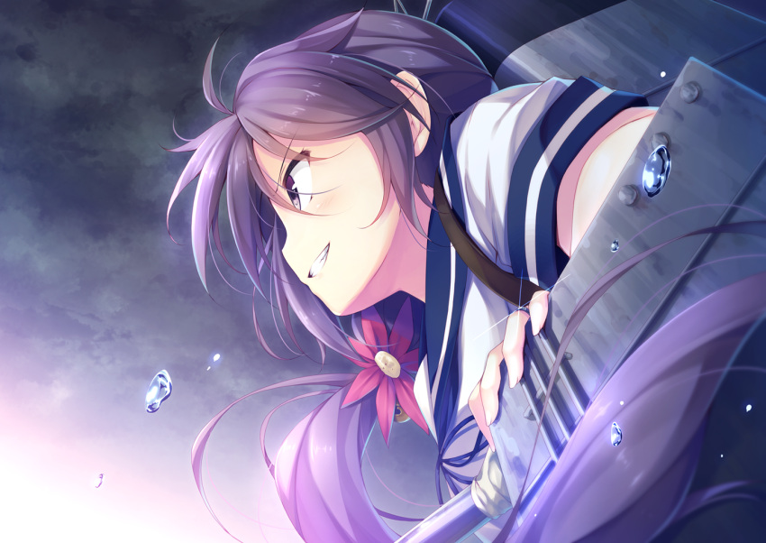 1girl akebono_(kantai_collection) bell bubble cannon clouds cloudy_sky flower from_below from_side hair_bell hair_flower hair_ornament kantai_collection machinery masaki_kei purple_hair school_uniform serafuku short_sleeves side_ponytail sky smile smokestack teeth turret uniform violet_eyes water