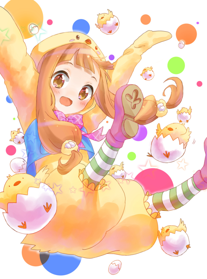 1girl animal_costume bird bow brown_eyes brown_hair chick chick_costume egg highres hiyokotori ichihara_nina idolmaster idolmaster_cinderella_girls open_mouth polka_dot polka_dot_background smile star striped striped_legwear