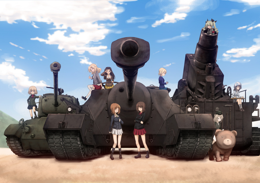 6+girls anchovy beret black_legwear blazer blonde_hair blue_eyes blue_skirt boots braid brown_eyes brown_hair closed_eyes cup darjeeling drill_hair girls_und_panzer green_hair hair_ribbon hat holding instrument jacket jingle_(4839ms) kantele karl_gerat katyusha kay_(girls_und_panzer) loafers long_hair long_sleeves m26_pershing mika_(girls_und_panzer) military military_uniform military_vehicle miniskirt mortar_(weapon) multiple_girls nishi_kinuyo nishizumi_maho nishizumi_miho no_hat one_eye_closed outdoors pantyhose pleated_skirt red_skirt ribbon school_uniform shimada_arisu shoes short_hair sitting skirt socks standing sweater t28_super_heavy_tank tank teacup thigh-highs thumbs_up trait_connection turtleneck twin_drills twintails uniform vehicle vehicle_request white_legwear white_skirt yellow_skirt