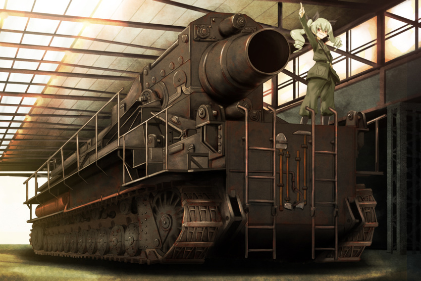 1girl anchovy arm_up axe commentary_request drill_hair garage girls_und_panzer grey_hair grin jingle_(4839ms) karl_gerat ladder no_nose pickaxe pointing pointing_up red_eyes shovel smile solo standing twin_drills weapon worktool