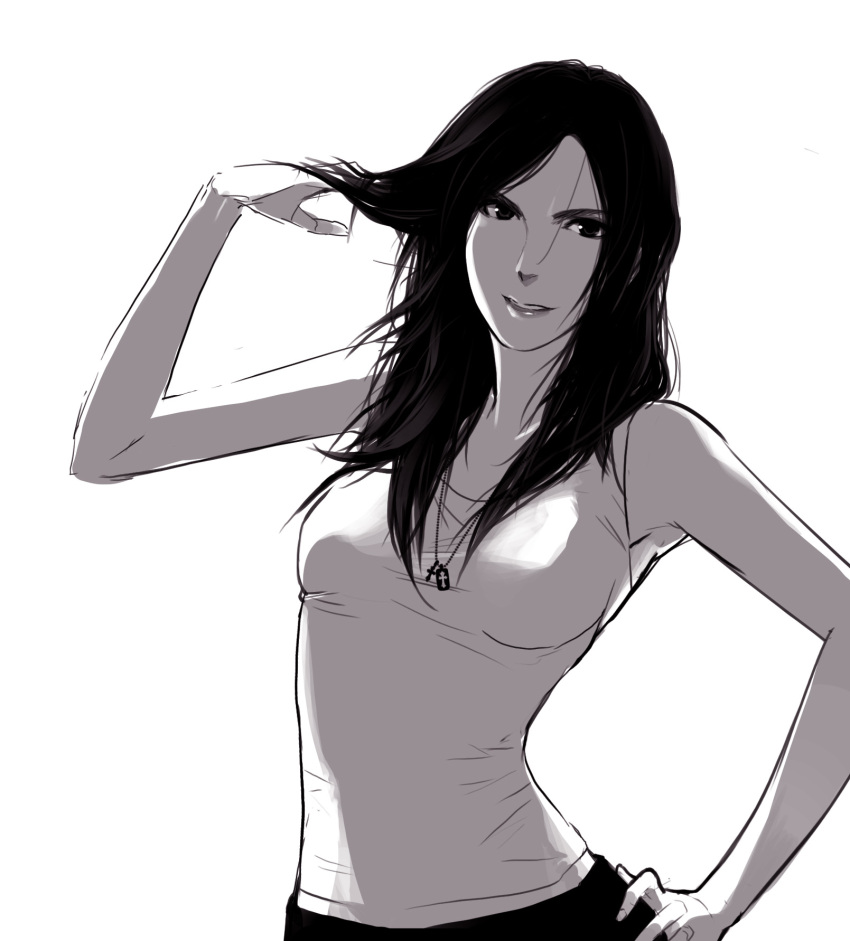 1girl black_hair contrapposto cross cross_necklace hand_in_hair hand_on_hip hand_up highres lips long_hair looking_at_viewer monochrome original poaro simple_background sketch solo tank_top white_background
