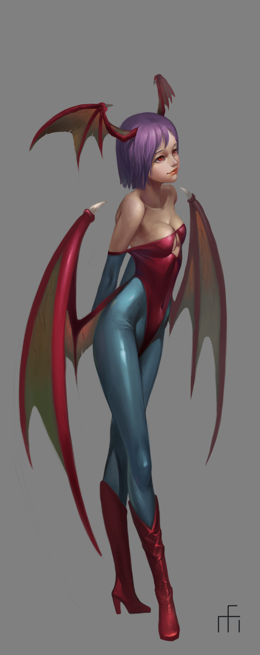 1girl absurdres bare_shoulders boots breasts cleavage collarbone head_wings high_heel_boots high_heels highres lilith_aensland looking_up midfinger22 navel pantyhose purple_hair red_eyes short_hair simple_background skin_tight vampire_(game) wings