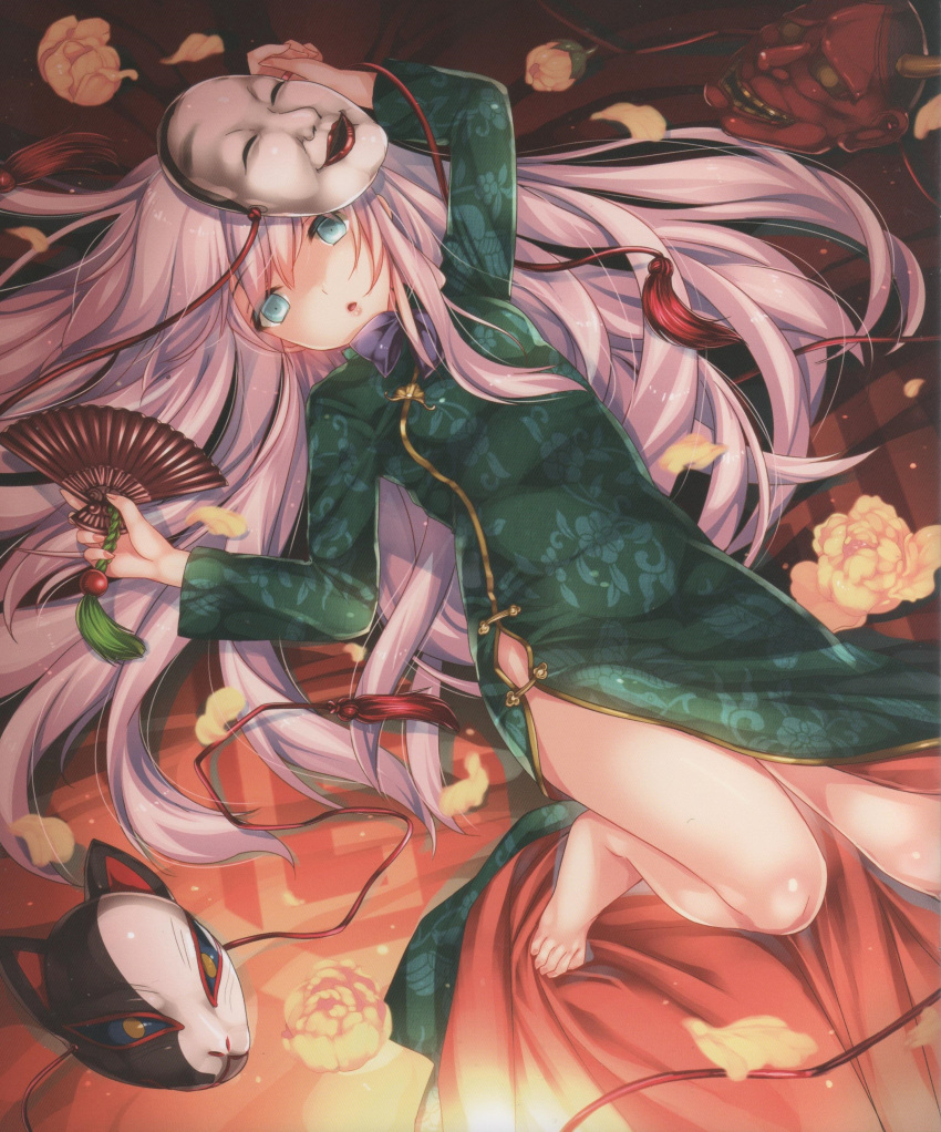 1girl absurdres alternate_costume arm_up bare_legs barefoot blue_eyes china_dress chinese_clothes dress dutch_angle fan floral_print flower fox_mask green_dress hata_no_kokoro highres long_hair long_sleeves looking_at_viewer lying mask moneti_(daifuku) noh_mask on_back oni_mask open_mouth petals pink_hair scan scan_artifacts solo string touhou
