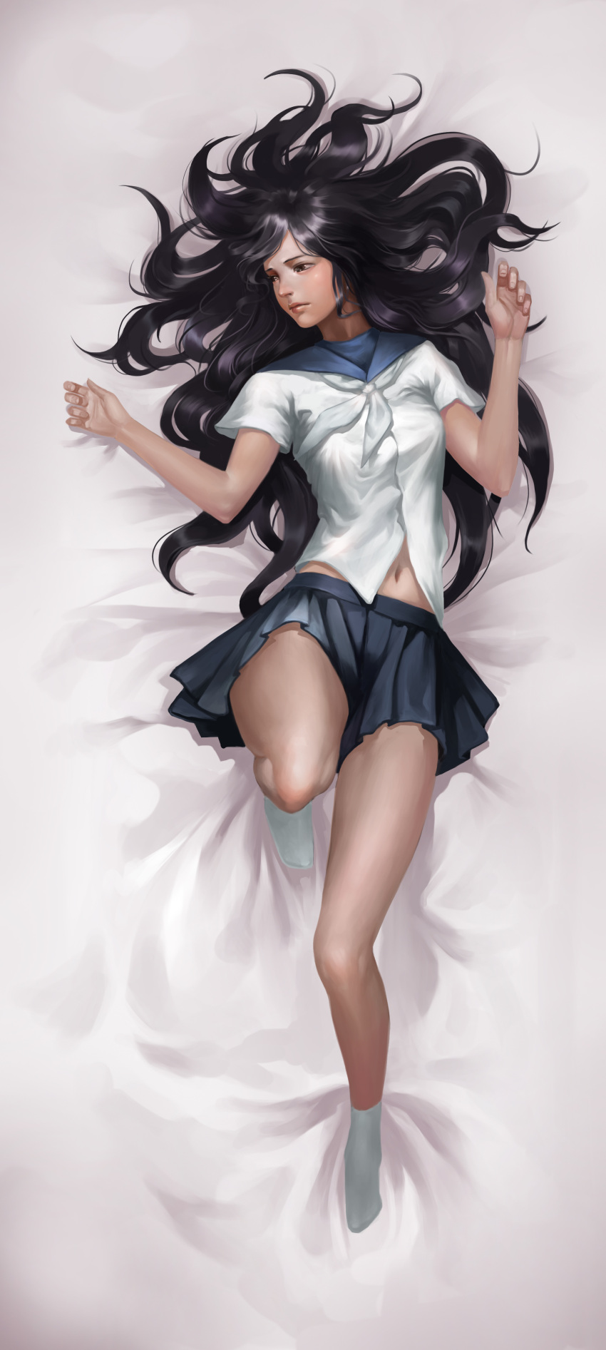 1girl absurdres bed_sheet highres long_hair looking_to_the_side lying midfinger22 navel on_back on_bed school_uniform socks solo
