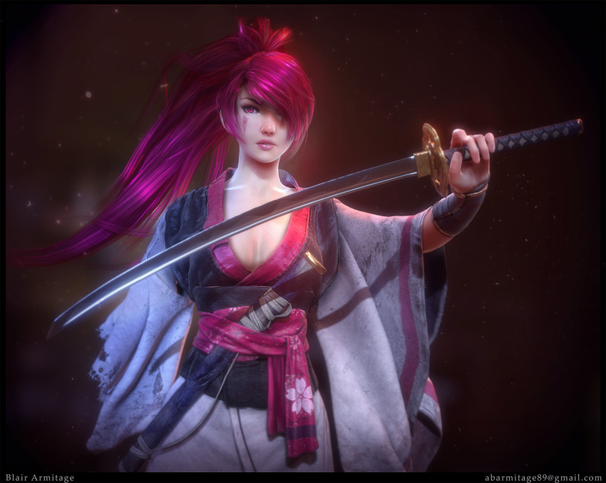 1girl 3d artist_name baiken blair_armitage email_address guilty_gear hair_over_one_eye highres japanese_clothes katana long_hair pink_eyes pink_hair ponytail solo sword weapon