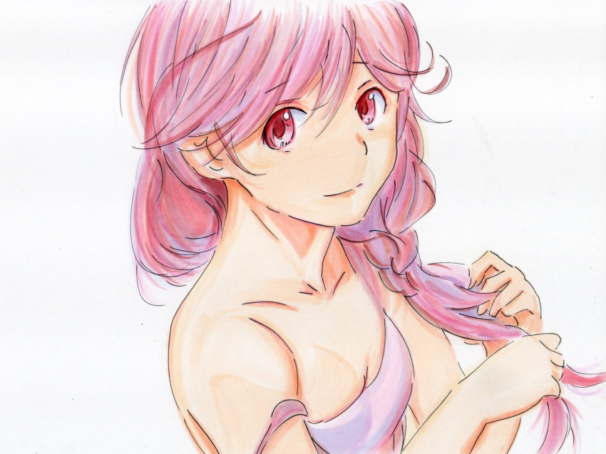 1girl braid braiding_hair collarbone hai_to_gensou_no_grimgar hairdressing highres marker_(medium) portrait potekite red_eyes redhead single_braid smile solo strap_slip traditional_media yume_(grimgar)