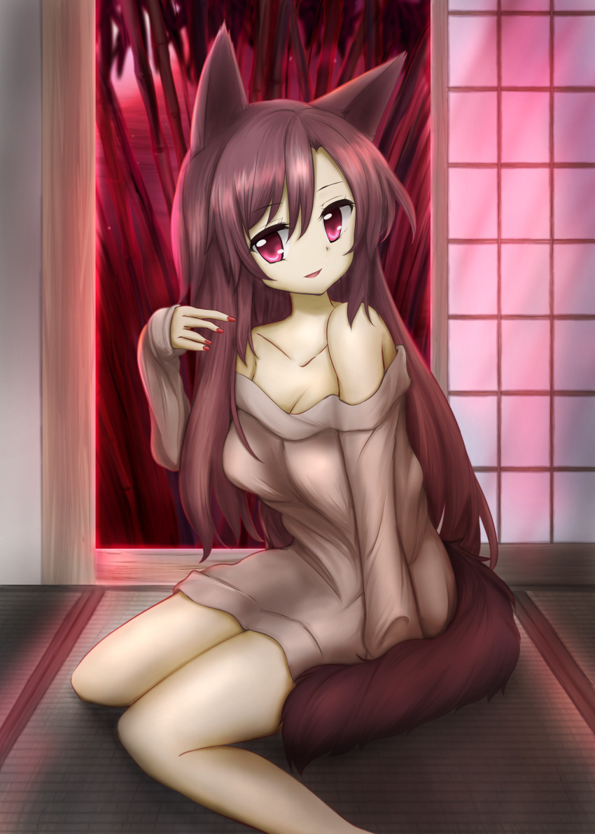 absurdres animal_ears bamboo bamboo_forest bare_shoulders bottomless breasts brown_hair cleavage collarbone fingernails forest hand_in_hair highres imaizumi_kagerou large_breasts looking_at_viewer nail_polish nature off_shoulder open_mouth red_eyes red_nails sweater tail touhou wolf_ears wolf_tail