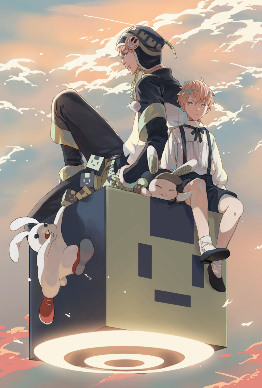 absurdres akumey badge blonde_hair bridge_piercing button_badge child clouds dramatical_murder dual_persona hat highres labret_piercing male_focus noiz_(dramatical_murder) piercing rabbit shorts sitting suspenders younger