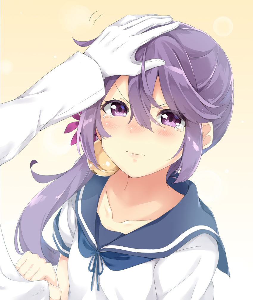 1girl admiral_(kantai_collection) akebono_(kantai_collection) bell blush clothes_grab commentary_request flower gloves hair_bell hair_flower hair_ornament hand_on_another's_head highres jingle_bell kantai_collection long_hair mishin_(mbmnk) petting purple_hair school_uniform serafuku side_ponytail solo_focus tears very_long_hair violet_eyes white_gloves